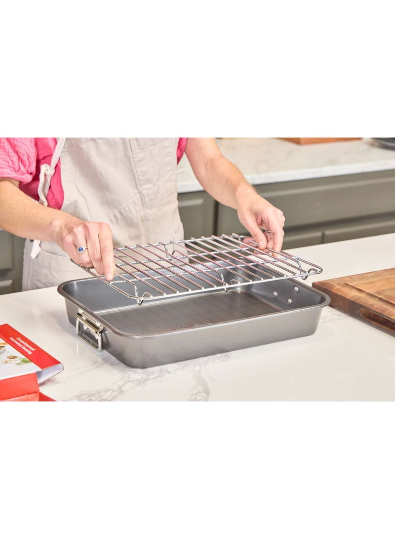 صينية تحميص من الفولاذ المقاوم للصدأ مع رف شواء، صينية فرن كبيرة بمقابض حمل لتحضير اللحوم والفراخ والأطباق المخبوزة - Image 3